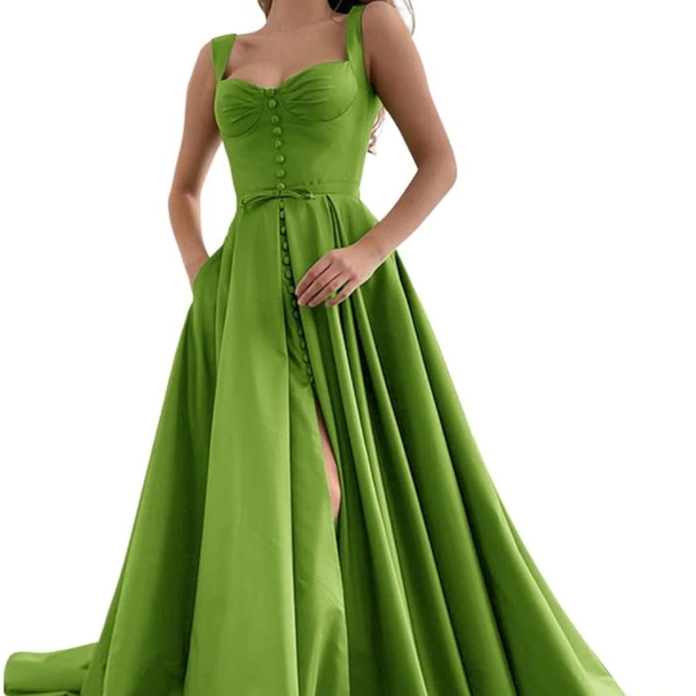 Satin Prom Dresses with Sweep Train Slit Long Ball Gowns with Pockets Plus Size